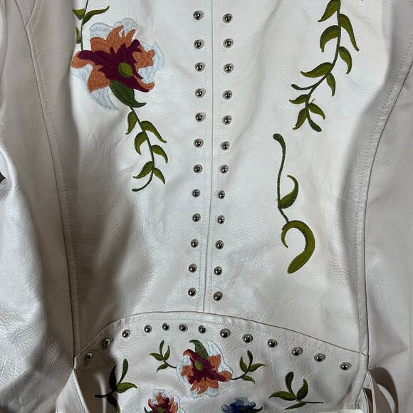Bollrllr Women Floral Print Embroidered Faux Leather Jacket Lapel Collar Size L - Picture 4 of 9